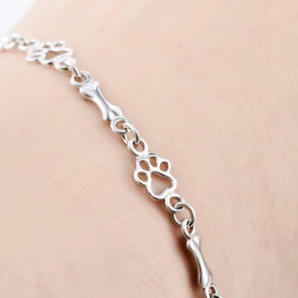 925 Silver Dog Bone Paw Print Link Charm Bracelet for Dog Lovers, 7.9in - Picture 4 of 4